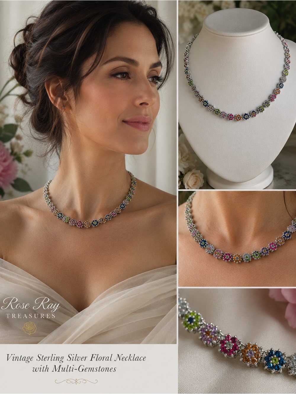 Vintage FAS 925 Sterling Silver Floral Necklace & Bracelet Set